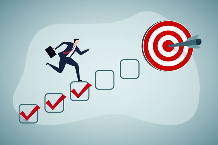 Personal development plan for career success, build specialist skill or competence to motivate and achieve business target concept, smart businessman walk up checklist as staircase to achieve target