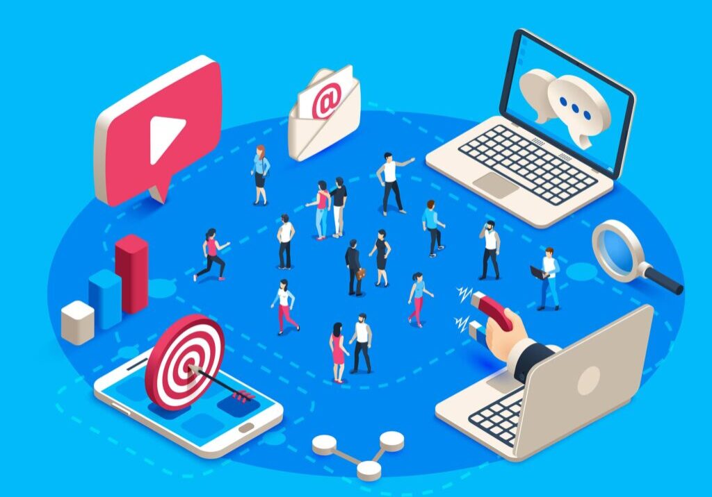 Inbound marketing isometric. Online mass market ads, business target sales ad and offline sale advancement, market communication optimization. Social media crm business vector concept