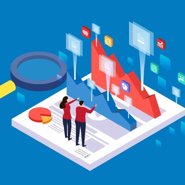 Isometric concept of business team analyzing data charts and graphs