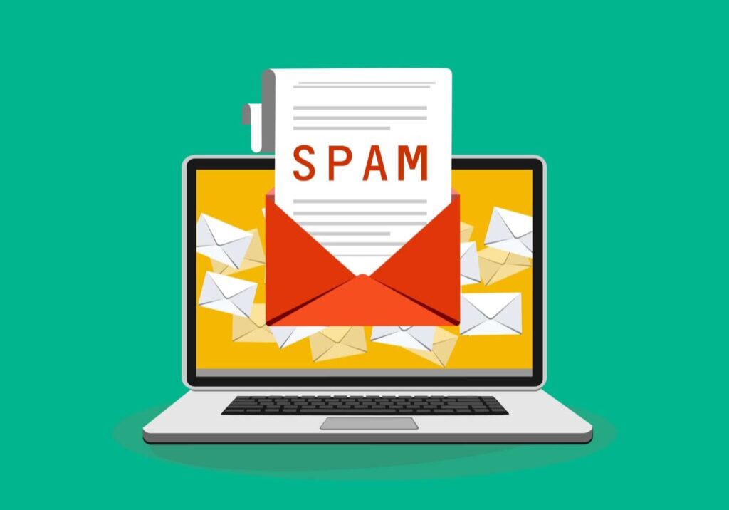 Spam Email Warning Window Appear On Laptop Screen. Concept of virus, piracy, hacking and security. Envelope with spam. Website banner of e-mail protection, anti-malware software. Flat vector.