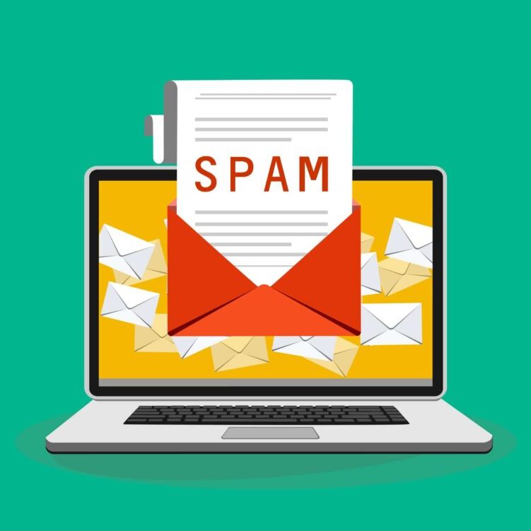 Spam Email Warning Window Appear On Laptop Screen. Concept of virus, piracy, hacking and security. Envelope with spam. Website banner of e-mail protection, anti-malware software. Flat vector.