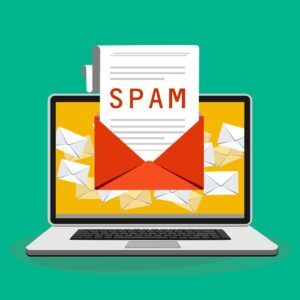 Spam Email Warning Window Appear On Laptop Screen. Concept of virus, piracy, hacking and security. Envelope with spam. Website banner of e-mail protection, anti-malware software. Flat vector.