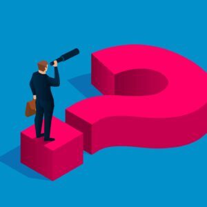 Solving business problems, businessman holding binoculars standing on question mark Solving business problems, businessman holding binoculars standing on question mark