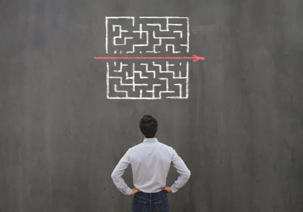 simple easy fast solution concept simple easy fast solution concept, problem solving, business man thinking about exit from complex labyrinth maze