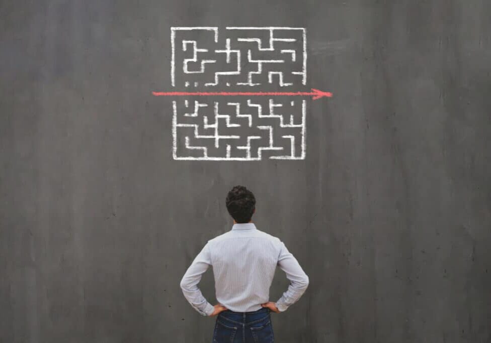 simple easy fast solution concept, problem solving, business man thinking about exit from complex labyrinth maze