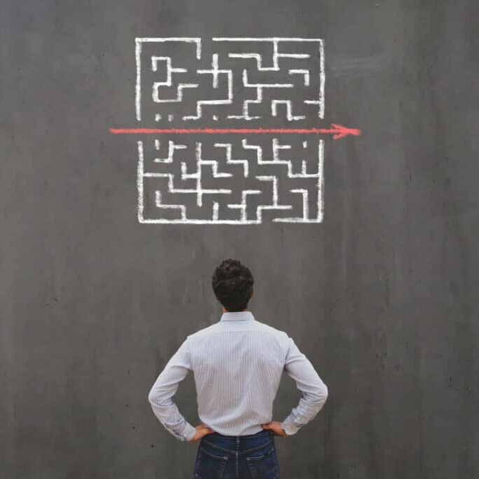 simple easy fast solution concept, problem solving, business man thinking about exit from complex labyrinth maze