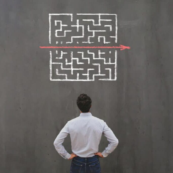 simple easy fast solution concept simple easy fast solution concept, problem solving, business man thinking about exit from complex labyrinth maze