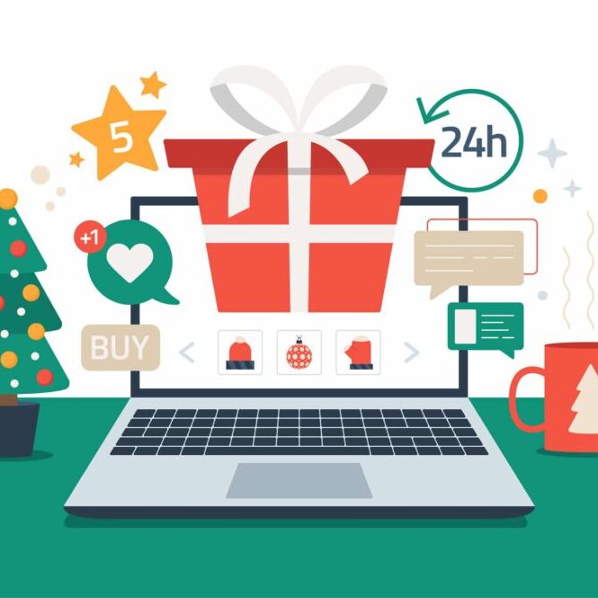 Christmas online shopping. Flat cartoon vector illustration with laptop screen with red gift box, spruce, cup on the desk, winter holidays sales. Christmas due coronavirus Christmas online shopping. Flat cartoon vector illustration with laptop screen with red gift box, spruce, cup on the desk, winter holidays sales. Christmas due coronavirus
