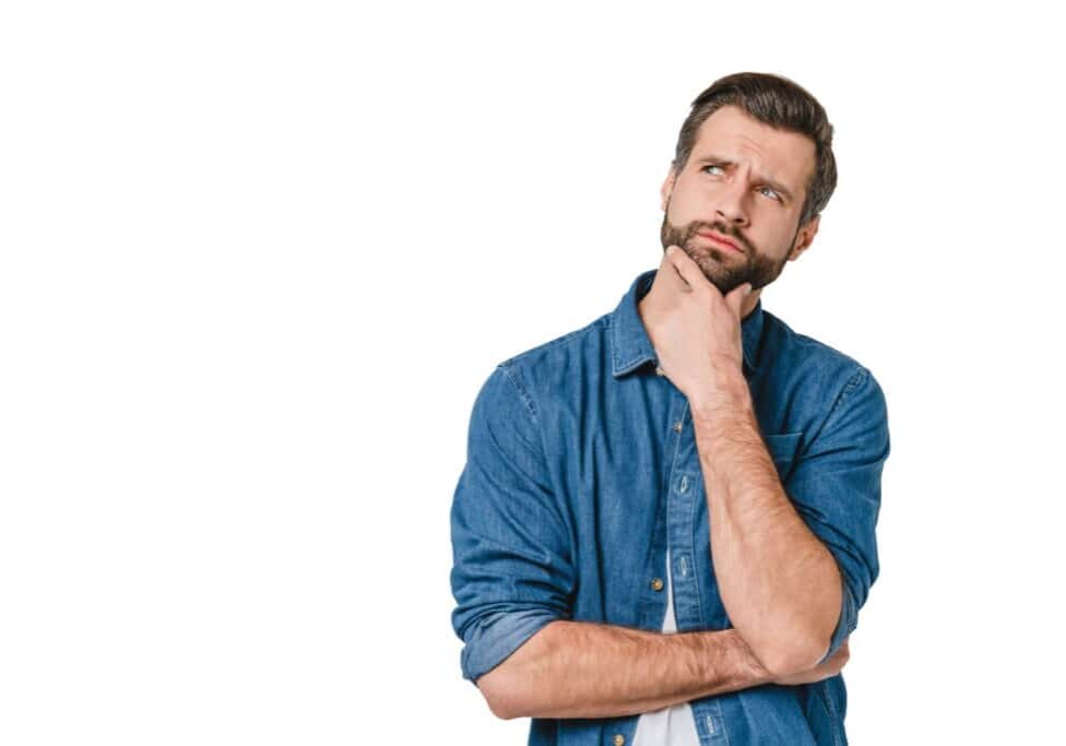 Pensive thoughtful contemplating caucasian young man thinking about future, planning new startup looking upwards isolated in white background