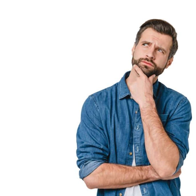 Pensive thoughtful contemplating caucasian young man thinking about future, planning new startup looking upwards isolated in white background Pensive thoughtful contemplating caucasian young man thinking about future, planning new startup looking upwards isolated in white background