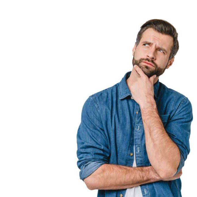 Pensive thoughtful contemplating caucasian young man thinking about future, planning new startup looking upwards isolated in white background