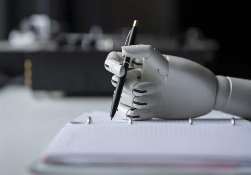 artificial robotic arm write down some notes with pen