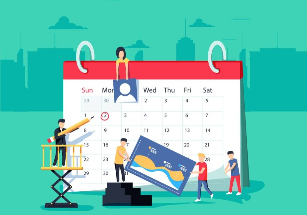 Events. Flat design business people concept for business planning, events and news, reminder and schedule. Vector illustration concept for web banner, business presentation, advertising material.