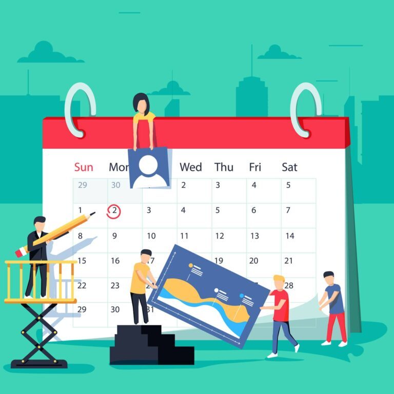 Events. Flat design business people concept for business planning, events and news, reminder and schedule. Vector illustration concept for web banner, business presentation, advertising material.