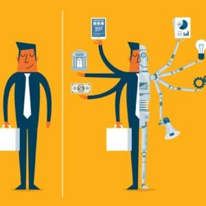 Replacing people with robots - Businessman Evolution of robots. Concept of replacing people with robots, artificial intelligence.